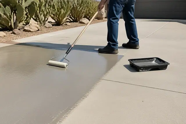 A roller brush applying protective sealant to a concrete driveway in Tucson, AZ with desert landscaping nearby.