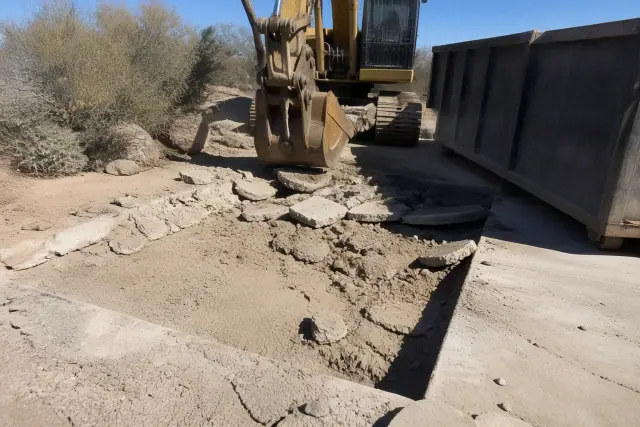Heavy machinery breaking up a concrete sidewalk for demolition in Tucson, AZ, with rubble and desert landscaping.