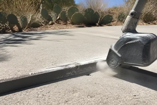Contractor using a grinding tool to repair a raised concrete sidewalk edge in Tucson, AZ, with desert cacti in the
