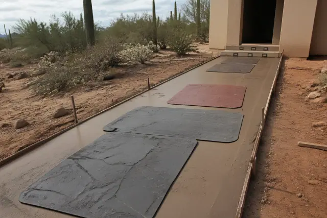 Textured mats pressing a stamped concrete pattern into a walkway at a job site in Tucson, AZ.