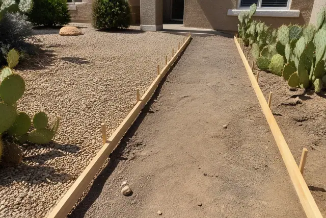 Wooden forms for a sidewalk installation on a jobsite in Tucson, AZ with prickly pear cacti and gravel landscaping.