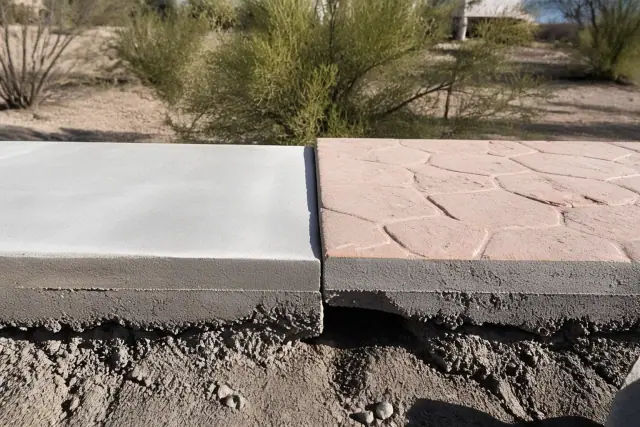 Comparative cross-section of skim coat and stamped overlay thickness on a damaged floor in Tucson, AZ.