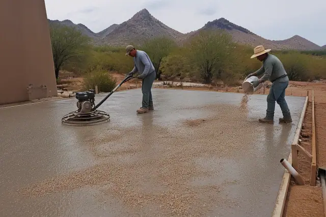 Worker using a power trowel on a slip-resistant patio surface with desert mountains in the background in Tucson, AZ.