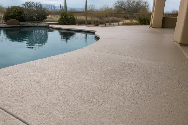 Textured slip-resistant pool deck finish on a residential concrete patio in Tucson, AZ with desert landscape.