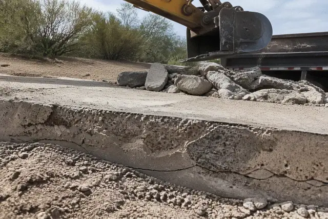 Heavy machinery breaking up worn concrete with spalling and scaling in a Tucson, AZ landscape.