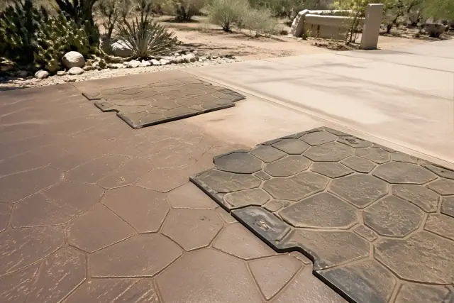 Textured mats imprinting a stone pattern onto a new concrete driveway in Tucson, AZ under harsh sunlight.
