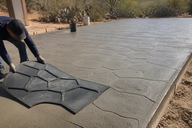Stamped concrete slab with decorative stone patterns and prickly pear cacti at a jobsite in Tucson, AZ.