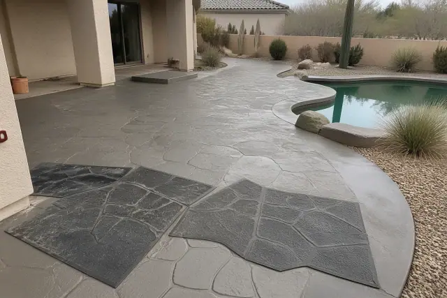 Textured concrete pool deck with stone-like impressions and Sonoran desert landscaping at a home in Tucson, AZ.