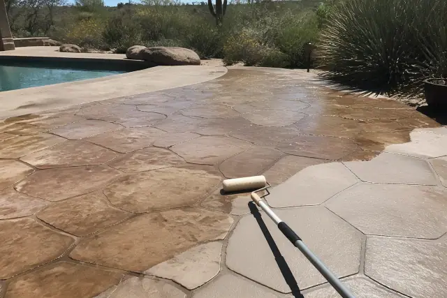 Contractor applying clear concrete sealer with a roller brush to a decorative surface in Tucson, AZ.