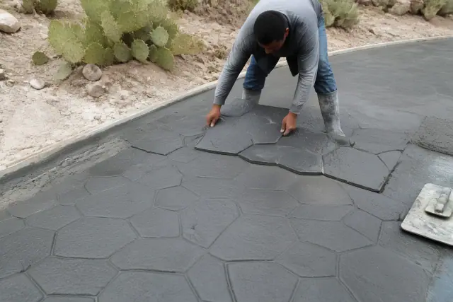 A worker imprinting a stone pattern onto a new concrete driveway with desert landscaping in the background in Tucson, AZ.