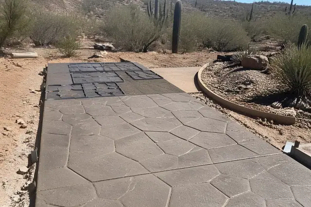 Textured concrete walkway with stone-like patterns being installed in a desert landscape in Tucson, AZ.