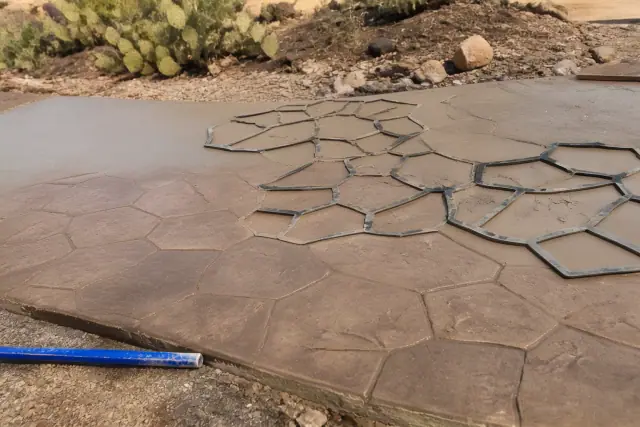 Stamped concrete with stone-like patterns on a jobsite with prickly pear cactus in Flowing Wells, AZ.