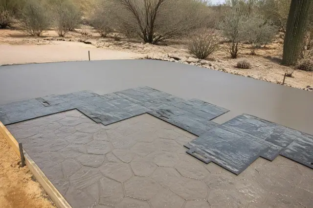 Textured mats pressing stone-like patterns into semi-hardened stamped concrete at a jobsite in Vail, AZ.