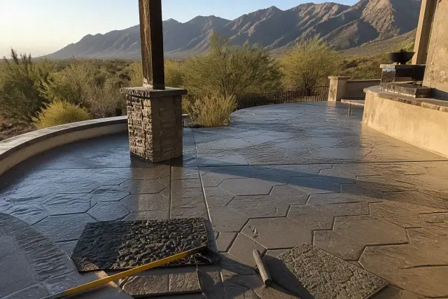Stamped concrete with stone-like texture impressions at a job site in Oro Valley, AZ.