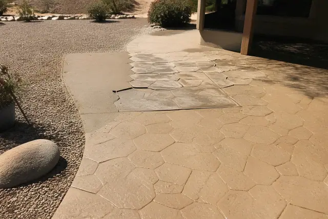 Stamped concrete with a stone pattern partially imprinted in a residential yard in Tucson, AZ.