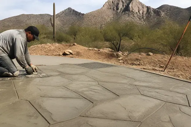 Stamped concrete with stone patterns on a jobsite in Catalina Foothills, AZ, featuring desert mountains in the background.