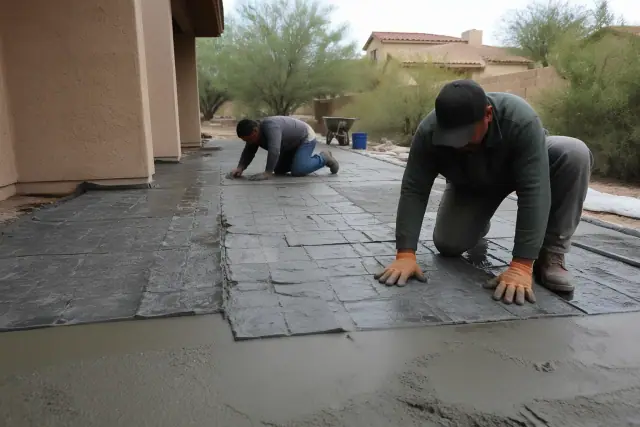 Technician pressing textured mats into wet concrete at a job site in Casas Adobes, AZ.
