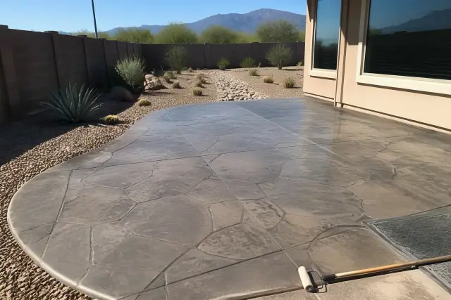 Stamped concrete patio with stone-like impressions and desert landscaping in Sahuarita, AZ.