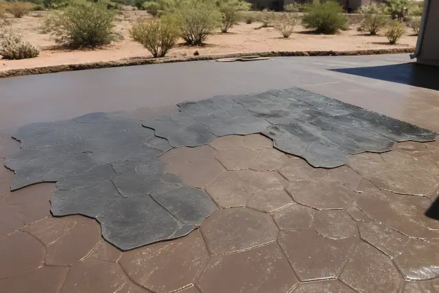 Textured mats pressing stone patterns into wet concrete at a job site in Drexel Heights, AZ.
