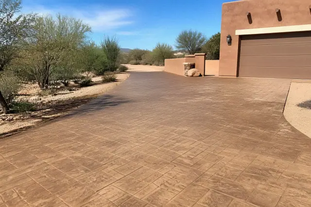 Stamped concrete driveway with stone-like patterns at a residence in Tucson, AZ with desert landscaping.