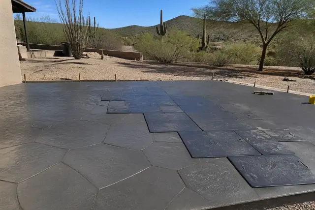 Stamped concrete overlay being imprinted with textured mats in the Tucson, AZ desert with saguaro cacti in the background.
