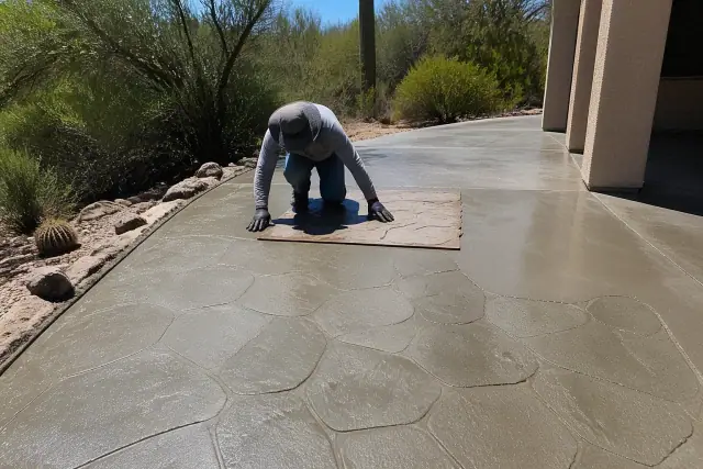 Stamped concrete patio with stone-like texture impressions and desert landscaping in Tucson, AZ.