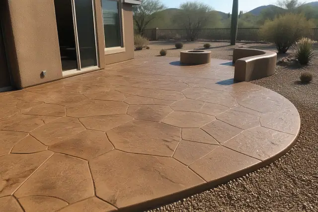 Stamped concrete patio with decorative stone patterns and desert landscaping at a home in Tucson, AZ.