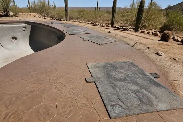 Stamped concrete pool deck installation with stone-like patterns in a Tucson, AZ backyard with saguaro cacti.