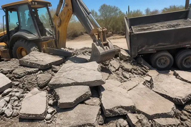 Heavy machinery removing stamped concrete rubble in Tucson, AZ with dry desert soil in the background.