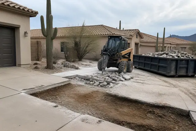 Skid-steer removing a concrete driveway slab at a residential home in Tucson, AZ.
