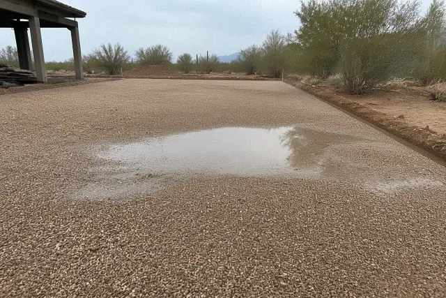 Standing monsoon water pooling on a leveled gravel driveway subgrade at a jobsite in Tucson, AZ.