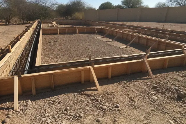 Wooden formwork for a stem-wall and grade-beam concrete foundation at a construction site in Tucson, AZ.