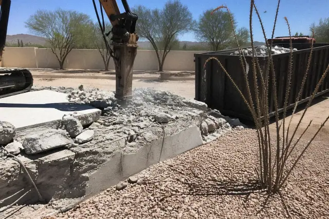 Heavy machinery breaking thick, reinforced concrete into rubble at a jobsite in Tucson, AZ.
