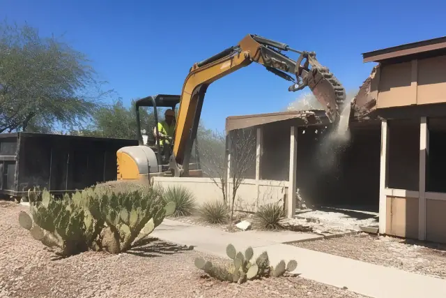 Heavy machinery breaking up concrete and loading rubble into a container at a tight-access demolition site in Tucson, AZ.