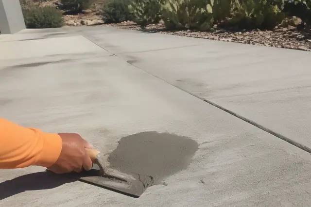 Concrete sidewalk repaired with grinding marks and bonding compound in Tucson, AZ, with prickly pear cactus in the