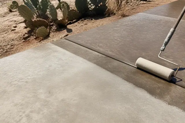 UV-faded pavement beside a fresh protective sealer application in Tucson, AZ, with desert soil and cactus in the background.