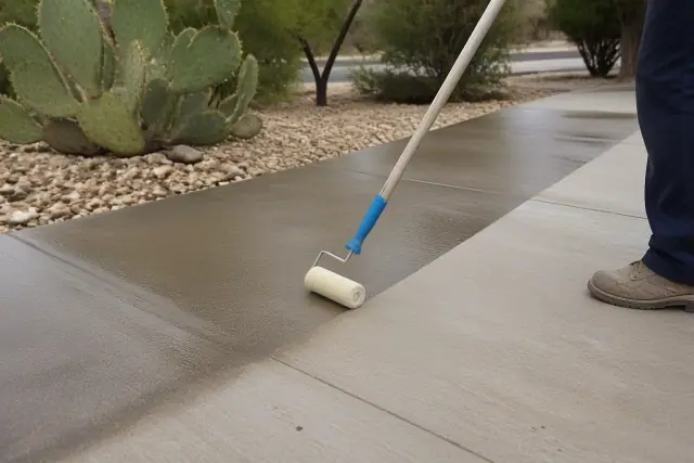 A roller applying sealer to a concrete walkway in Tucson, AZ, with a wet finish and desert landscape in the background.