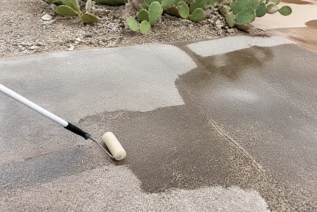 Water absorbing into a worn driveway sealer on a desert jobsite in Tucson, AZ.