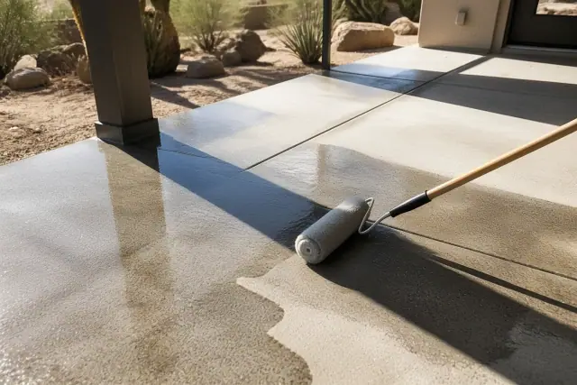 A roller brush applying a clear concrete sealer to a dry surface in Tucson, AZ under harsh midday sun.