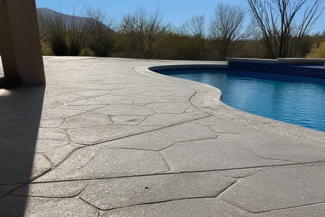 Wet stamped pool deck with textured stone patterns and a grip finish at a jobsite in Tucson, AZ.