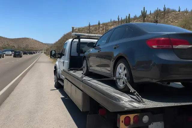 A flatbed tow truck with a disabled sedan on the side of a road near desert foothills in Tucson, AZ.