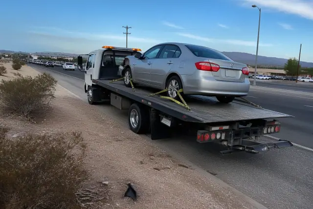 A flatbed tow truck recovering a disabled sedan on the side of a busy road in Flowing Wells, AZ.