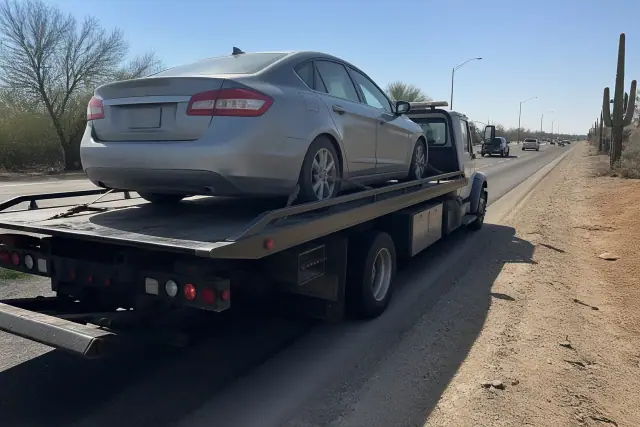 Flatbed tow truck with a disabled sedan on the side of a busy multi-lane road in Tucson, AZ.