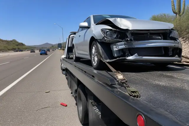 A flatbed tow truck recovering a damaged sedan with front-end collision debris on a road in Sahuarita, AZ.