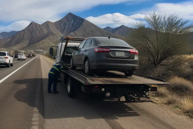 Flatbed tow truck recovering a disabled sedan on a highway shoulder in Green Valley, AZ.