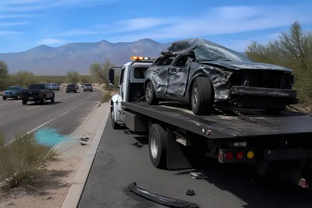 Flatbed tow truck loading a damaged sedan after a road accident in Vail, AZ with the Rincon Mountains in the background.