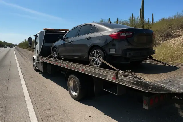 Flatbed truck with a disabled sedan on a highway shoulder in Tucson, AZ, with saguaro cacti in the background.