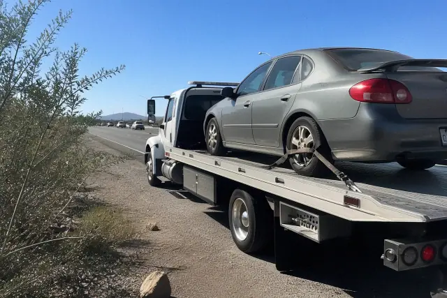 A flatbed tow truck securing a disabled sedan on the side of a sunny road in Tucson, AZ.