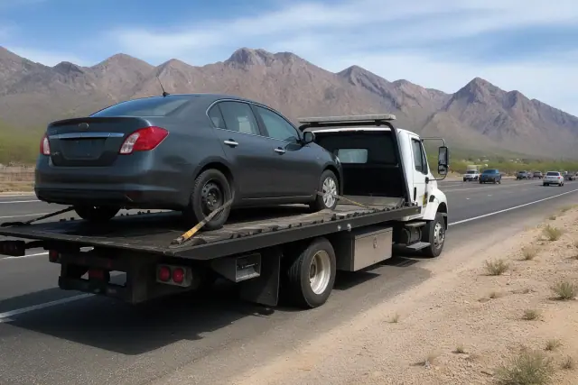 A flatbed tow truck with a disabled sedan secured on the side of a road in Oro Valley, AZ, near the Santa Catalina Mountains.