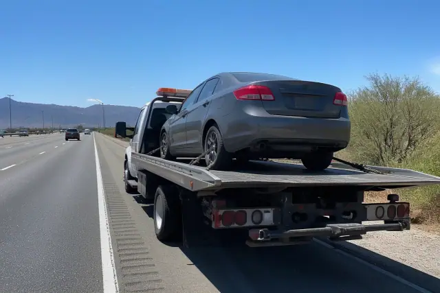 Flatbed tow truck recovering a disabled sedan on the shoulder of a highway in Marana, AZ with desert mountains behind.